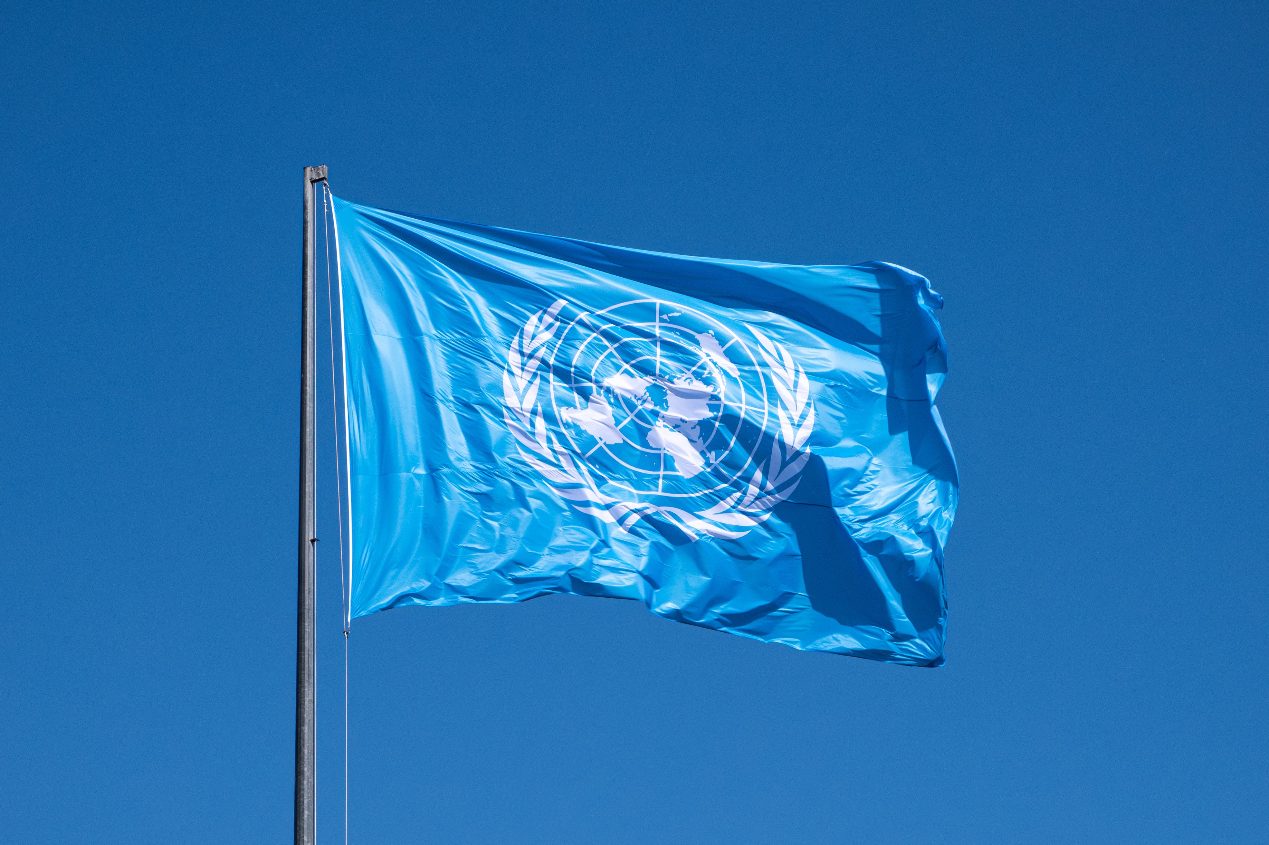 United Nations flag blowing in the wind